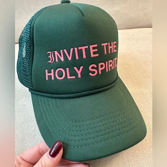 Green Trucker Faith Hat with Pink Text - Picture 2 of 4
